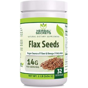 Herbal Secrets Organic Whole Flax Seeds Supplement | 454 G | 14 G Per Serving | Raw Vegan | Non-GMO | Gluten-Free | Made in USA