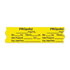 AN-2-27 Anesthesia Tape with Exp. Date, Time, and Initial, Removable, "PROpofol mg/mL", 1" Core, 3/4" x 500", 333 Imprints, 500 Inches per Roll, Yellow (Pack of 500)
