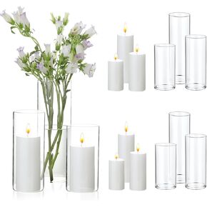 UDU Set of 3 Pillar Candles and 3 Hurricane Candle Holders, Pillar Candle Holder for Pillar Candles, Clear Cylinder Vases for Centerpieces Wedding Table Party Home Decor(2.6" X 4.7", 5.9", 7.9")