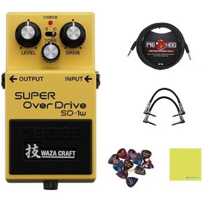 Boss SD-1W SUPER OverDrive Pedal Bundle w/ 2-Pack Strukture S6P48 Woven Right Angle Patch Cable, Pig Hog PCH10BK "Black Woven" Instrument Cable, 12-Pack Guitar Pick and Liquid Audio Polishing Cloth in Kuwait