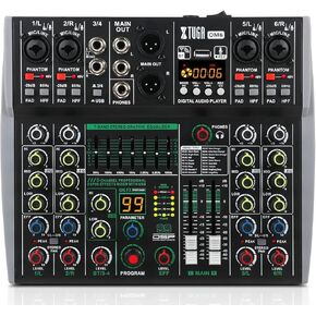 XTUGA 6 Channel Audio Mixer for PC, DJ Mixer Board with 99DSP/Stereo Equalizer/PAD/HPF, Stereo 6 Channel Mixer with USB/Bluetooth/48V Phantom Power for Karaoke Party Studio Streaming Recording