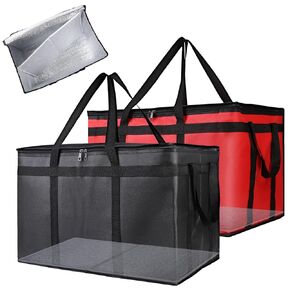 Bodaon Catering Bag with Removable Hard Bottom, XXX-Large Insulated Food/Pizza Delivery Bag for Doordash/Uber Eats, Cooler/Hot Bags, Insulated Grocery Food Warmer Container Supplies (2Pk, Black + Red)