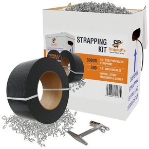 Portable Strapping Kit with 3000 Feet of 1/2" Plastic Poly Strapping, 300 Steel Banding 1/2" Clip Seals, Hand Tensioner & Strap Cutting Tool - Lightweight Shipping Banding Strapping Kit