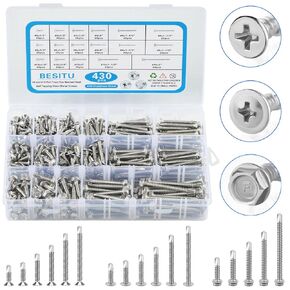 400PCS Self Tapping Screws, 410 Stainless Steel Self Drilling Screws #8#10 Black Oxide Sheet Metal Screws, Length 1/2" to 1-1/4'', Truss Head Wood Screws Assortment for Metal, Plastic and RV