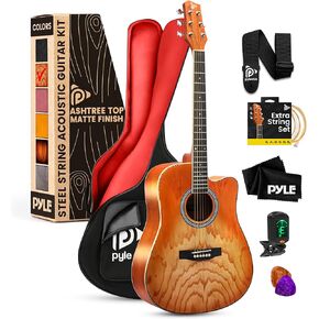 Pyle Steel String Acoustic Guitar Kit, 41" Full Size Cutaway with Ashtree Top, Open Pore Finish, Premium Accessory Set with Armored Gig Bag, Sunburst Teardrop Matte