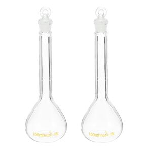 PATIKIL 100ml Volumetric Flask, 2Pcs 3.3 Borosilicate Glass Graduated Volumetric Measuring Flask with Glass Stopper Tolerance 0.14ml for Lab Experiment, Clear