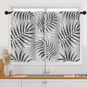 Leaves Tropical Kitchen Curtains, Palm Leaf Painting Plant Short Window Curtains Set of 2, Window Treatment Tier Curtains for Kitchen Over Sink Dining Room Decor (26x36 Inch)
