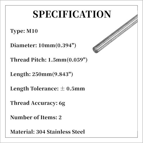 Fully All Threaded Rod 2pcs M8-1.25 8mm x 250mm (0.315 x 9.843 inches) Metric 304 Stainless Steel Right Hand Threaded Rod 6g Thread Accuracy Length Tolerance ± 0.5mm in Kuwait