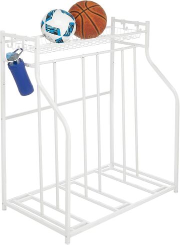 mDesign Free-Standing Metal Bike Rack Stand with Storage Shelf - Garage Bicycle Organizer for Kids Bike, Mountain Bikes; Slots for 3 Bikes; Adjustable Feet; 4 Accessory Hooks - White in Saudi Arabia
