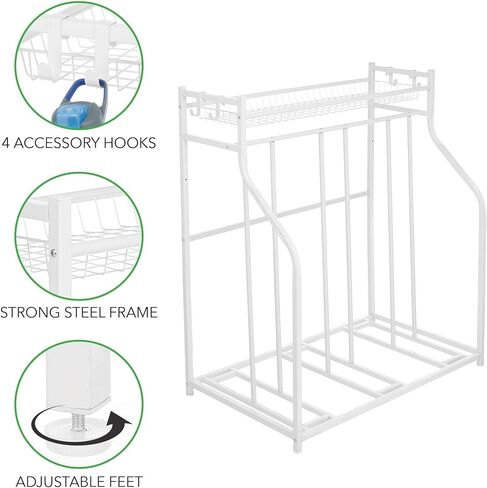mDesign Free-Standing Metal Bike Rack Stand with Storage Shelf - Garage Bicycle Organizer for Kids Bike, Mountain Bikes; Slots for 3 Bikes; Adjustable Feet; 4 Accessory Hooks - White in Saudi Arabia