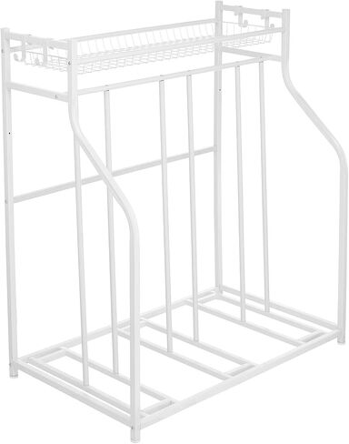 mDesign Free-Standing Metal Bike Rack Stand with Storage Shelf - Garage Bicycle Organizer for Kids Bike, Mountain Bikes; Slots for 3 Bikes; Adjustable Feet; 4 Accessory Hooks - White in Saudi Arabia