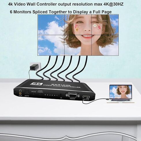 وحدة تحكم جدار الفيديو 2X3 4K، مدخل إشارة HDMI وDVI 4k يجعل 6 شاشات تلفزيون في شاشة عرض حائط واحدة تدعم جهاز التحكم عن بعد بالأشعة تحت الحمراء/RS232 ودوران 180 درجة، تدعم وحدة تحكم جدار الفيديو 2x2 4k 1x1، 1x2، 1x3، 1X4، 1x5 in Saudi Arabia