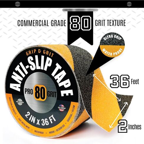 Grip Tape Pro Grade Anti Slip Tape for Stairs & Floors, 2IN x 36FT, Safety Traction Tape, Indoor / Outdoor Stair Treads Non Slip Tape, Waterproof Black / Yellow Safety Tape, Non Skid Friction Tape in Saudi Arabia