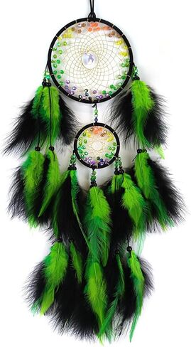 صائد أحلام الريش الأخضر والأسود مصنوع يدويًا صائد أحلام صغير مع قلادة على شكل قمر صائد الأحلام لغرفة النوم ريشة معلقة على الحائط in Kuwait