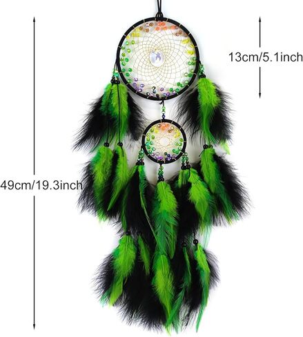 صائد أحلام الريش الأخضر والأسود مصنوع يدويًا صائد أحلام صغير مع قلادة على شكل قمر صائد الأحلام لغرفة النوم ريشة معلقة على الحائط in Kuwait