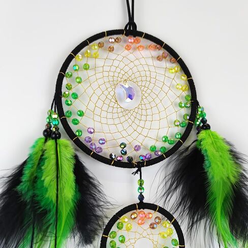 صائد أحلام الريش الأخضر والأسود مصنوع يدويًا صائد أحلام صغير مع قلادة على شكل قمر صائد الأحلام لغرفة النوم ريشة معلقة على الحائط in Kuwait