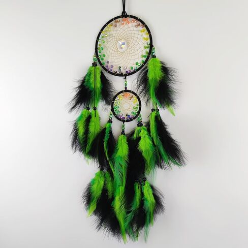 صائد أحلام الريش الأخضر والأسود مصنوع يدويًا صائد أحلام صغير مع قلادة على شكل قمر صائد الأحلام لغرفة النوم ريشة معلقة على الحائط in Kuwait
