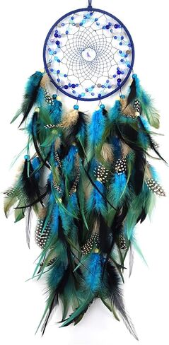 صائدة الأحلام من الريش الأزرق والأسود لغرفة النوم، صائدة الأحلام مع قلادة على شكل قمر، صائدة أحلام كبيرة للحرف اليدوية المعلقة على الحائط in Kuwait