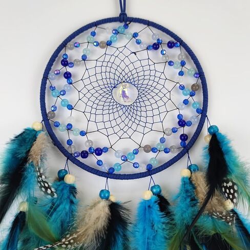 صائدة الأحلام من الريش الأزرق والأسود لغرفة النوم، صائدة الأحلام مع قلادة على شكل قمر، صائدة أحلام كبيرة للحرف اليدوية المعلقة على الحائط in Kuwait