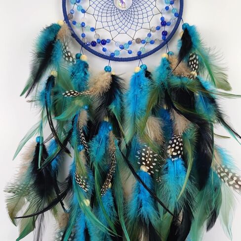 صائدة الأحلام من الريش الأزرق والأسود لغرفة النوم، صائدة الأحلام مع قلادة على شكل قمر، صائدة أحلام كبيرة للحرف اليدوية المعلقة على الحائط in Kuwait