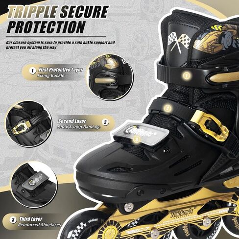 Nattork Kids Inline Skates ديكورات سيارات السباق الرائعة للأولاد والبنات والأطفال، 4 مقاسات زلاجات رباعية قابلة للتعديل مع جميع العجلات المضيئة - هدية عيد ميلاد للرياضات الداخلية والخارجية in Kuwait