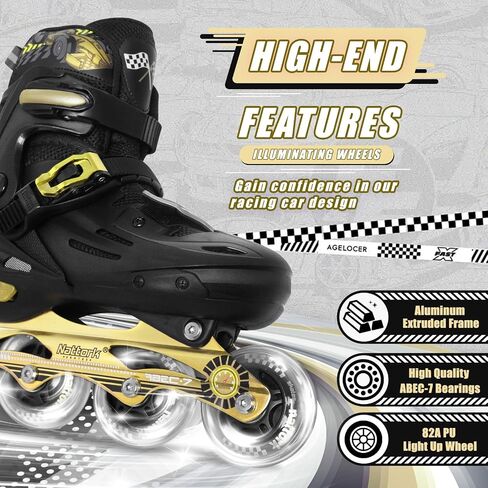 Nattork Kids Inline Skates ديكورات سيارات السباق الرائعة للأولاد والبنات والأطفال، 4 مقاسات زلاجات رباعية قابلة للتعديل مع جميع العجلات المضيئة - هدية عيد ميلاد للرياضات الداخلية والخارجية in Kuwait