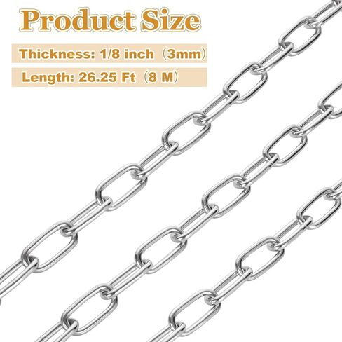 1/8" Stainless Steel Link Chain, Galvanized Metal Chain, 26.2 Ft Small Strong Chain Link Chain, Utility Metal Decorative Chain Camping Pet Dog Chain Hanging Chain for Bird Feeder Planters Signs in Kuwait