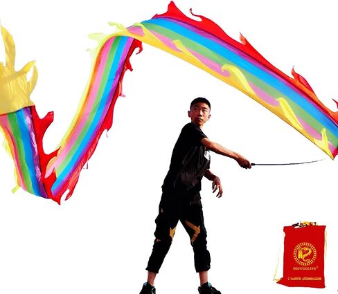 3 Meters (9.8 FT) Golden Scale Silk Dragon Poi For Kids & Adults - Outdoor Flinging Fitness Dragon Dance Wu Long 3D dragon Ribbon Streamer with Fiberglass Handstick + Travel Bag!(Golden Green Dragon) in Saudi Arabia