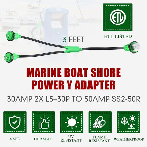 3ft Marine Shore محول الطاقة 2X L5-30P التوصيل 30A التوصيل إلى SS2-50R أنثى 50A موصل 125/250V، اثنان 30Amp ذكر إلى 50Amp أنثى Y قفل محول مع قفل حلقة وطوق in Saudi Arabia
