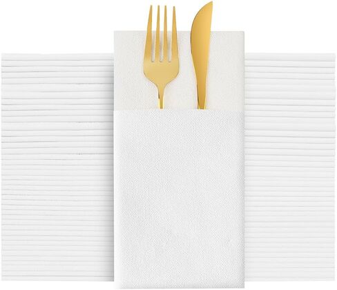 CHEFCAT White Disposable Dinner Napkins with Built-in Flatware Pocket, Linen Feel Airlaid Paper Napkins, Prefolded for Party,Wedding, Restaurant & Dinner, Pack of 50 in Saudi Arabia