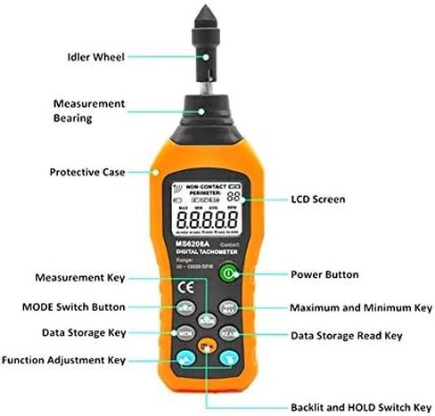مقياس سرعة الدوران الرقمي للاتصال PM6208A قياس الاتصال سرعة تاش متر RPM مقياس سرعة المحرك فاحص البيانات عرض الضوء الخلفي 50-19999 دورة في الدقيقة in Kuwait