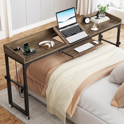 Adjustable Overbed Table with Wheels, Queen Size Mobile Over Bed Table with Tilt Stand and Outlets & USB Ports, Deep Grey in Saudi Arabia