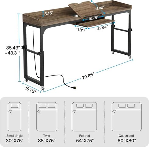 Adjustable Overbed Table with Wheels, Queen Size Mobile Over Bed Table with Tilt Stand and Outlets & USB Ports, Deep Grey in Saudi Arabia