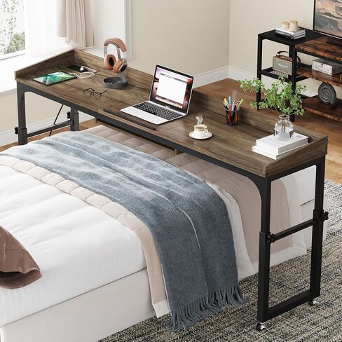 Adjustable Overbed Table with Wheels, Queen Size Mobile Over Bed Table with Tilt Stand and Outlets & USB Ports, Deep Grey in Saudi Arabia