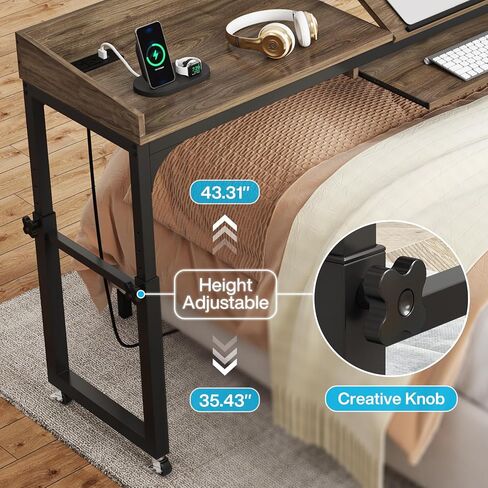 Adjustable Overbed Table with Wheels, Queen Size Mobile Over Bed Table with Tilt Stand and Outlets & USB Ports, Deep Grey in Saudi Arabia
