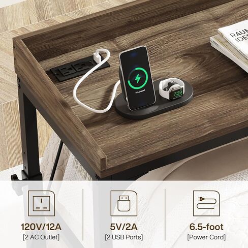 Adjustable Overbed Table with Wheels, Queen Size Mobile Over Bed Table with Tilt Stand and Outlets & USB Ports, Deep Grey in Saudi Arabia