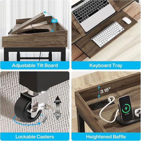 Adjustable Overbed Table with Wheels, Queen Size Mobile Over Bed Table with Tilt Stand and Outlets & USB Ports, Deep Grey in Saudi Arabia