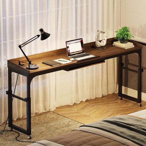 Adjustable Overbed Table with Wheels, Queen Size Mobile Over Bed Table with Tilt Stand and Outlets & USB Ports, Deep Grey in Saudi Arabia