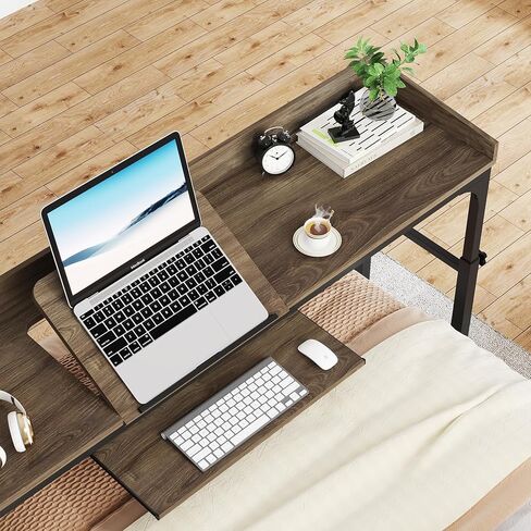 Adjustable Overbed Table with Wheels, Queen Size Mobile Over Bed Table with Tilt Stand and Outlets & USB Ports, Deep Grey in Saudi Arabia