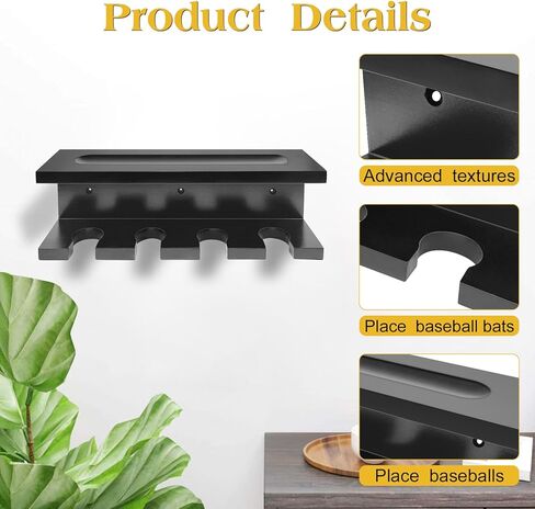 tp مضرب بيسبول رف جدار جبل مضرب بيسبول حامل، الخشب البيسبول مضرب البيسبول رفوف شماعات للجدار جبل، مضرب بيسبول عرض الرف يحمل 4 الخفافيش البيسبول البيسبول الخفافيش تخزين تنظيم-أسود in Kuwait