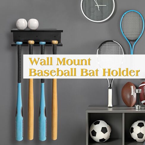 tp مضرب بيسبول رف جدار جبل مضرب بيسبول حامل، الخشب البيسبول مضرب البيسبول رفوف شماعات للجدار جبل، مضرب بيسبول عرض الرف يحمل 4 الخفافيش البيسبول البيسبول الخفافيش تخزين تنظيم-أسود in Kuwait
