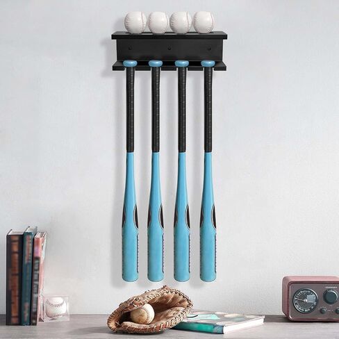 tp مضرب بيسبول رف جدار جبل مضرب بيسبول حامل، الخشب البيسبول مضرب البيسبول رفوف شماعات للجدار جبل، مضرب بيسبول عرض الرف يحمل 4 الخفافيش البيسبول البيسبول الخفافيش تخزين تنظيم-أسود in Kuwait