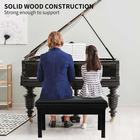 مقعد بيانو مزدوج/ثنائي قابل للتعديل، كرسي بيانو من الخشب الصلب، مقعد بيانو مقاوم للماء مع مساحة تخزين لكتب الموسيقى ووسادة جلدية، مقعد بيانو عالي التحمل للوحة المفاتيح البيانو in Kuwait