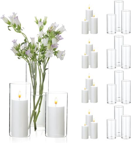 UDU Set of 3 Pillar Candles and 3 Hurricane Candle Holders, Pillar Candle Holder for Pillar Candles, Clear Cylinder Vases for Centerpieces Wedding Table Party Home Decor(2.6" X 4.7", 5.9", 7.9") in Saudi Arabia