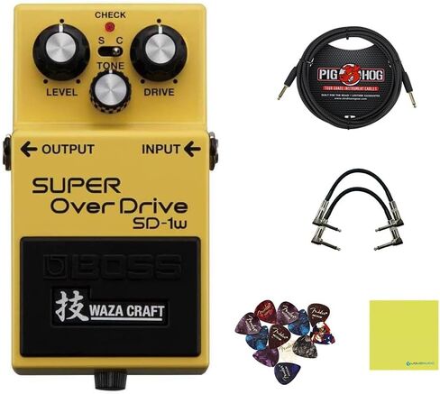 Boss SD-1W SUPER OverDrive Pedal Bundle w/ 2-Pack Strukture S6P48 Woven Right Angle Patch Cable, Pig Hog PCH10BK "Black Woven" Instrument Cable, 12-Pack Guitar Pick and Liquid Audio Polishing Cloth in Saudi Arabia