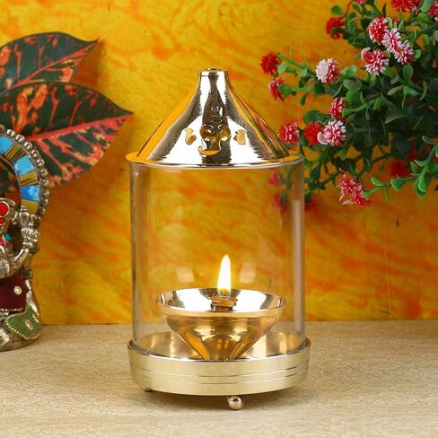 Satvik 6 Inch Kanchdeep Akhand Diya Chimney Diya Diwali Gift/Diwali Deepawali Decoration Brass Decorative Crystal Oil Lamp Tea Light Holder Lantern Oval Shape | Puja Lamp Indian housewarming Gift Item in Saudi Arabia