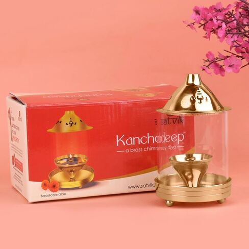 Satvik 6 Inch Kanchdeep Akhand Diya Chimney Diya Diwali Gift/Diwali Deepawali Decoration Brass Decorative Crystal Oil Lamp Tea Light Holder Lantern Oval Shape | Puja Lamp Indian housewarming Gift Item in Saudi Arabia