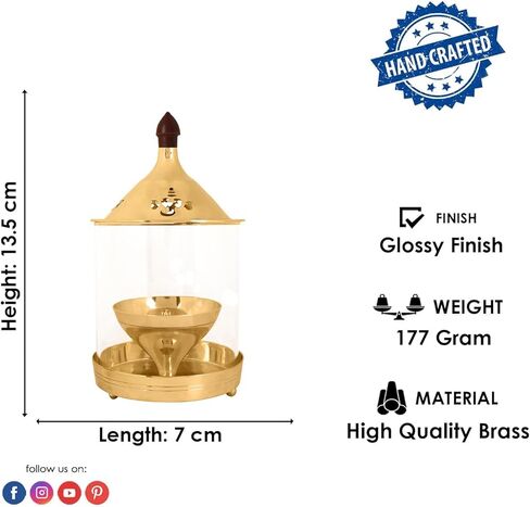 Satvik 6 Inch Kanchdeep Akhand Diya Chimney Diya Diwali Gift/Diwali Deepawali Decoration Brass Decorative Crystal Oil Lamp Tea Light Holder Lantern Oval Shape | Puja Lamp Indian housewarming Gift Item in Saudi Arabia