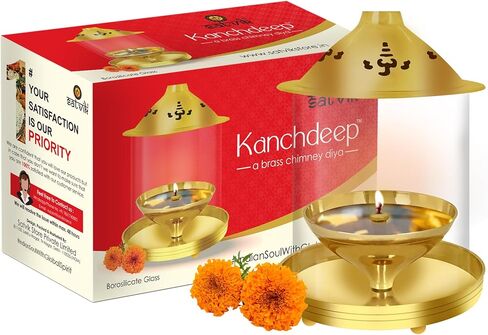 Satvik 6 Inch Kanchdeep Akhand Diya Chimney Diya Diwali Gift/Diwali Deepawali Decoration Brass Decorative Crystal Oil Lamp Tea Light Holder Lantern Oval Shape | Puja Lamp Indian housewarming Gift Item in Saudi Arabia