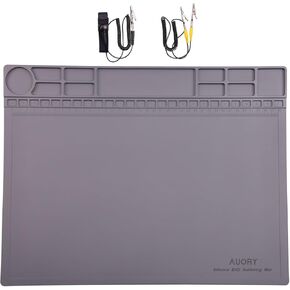 Anti Static Mat, ESD Silicone Soldering Repair Mat for Electronics, Cell Phone, Computer, Laptop Repair, with Wrist Strap and Grounding Cord, Heat Resistant 932°F Work Mat 15.8'' x 11.8'' Gray